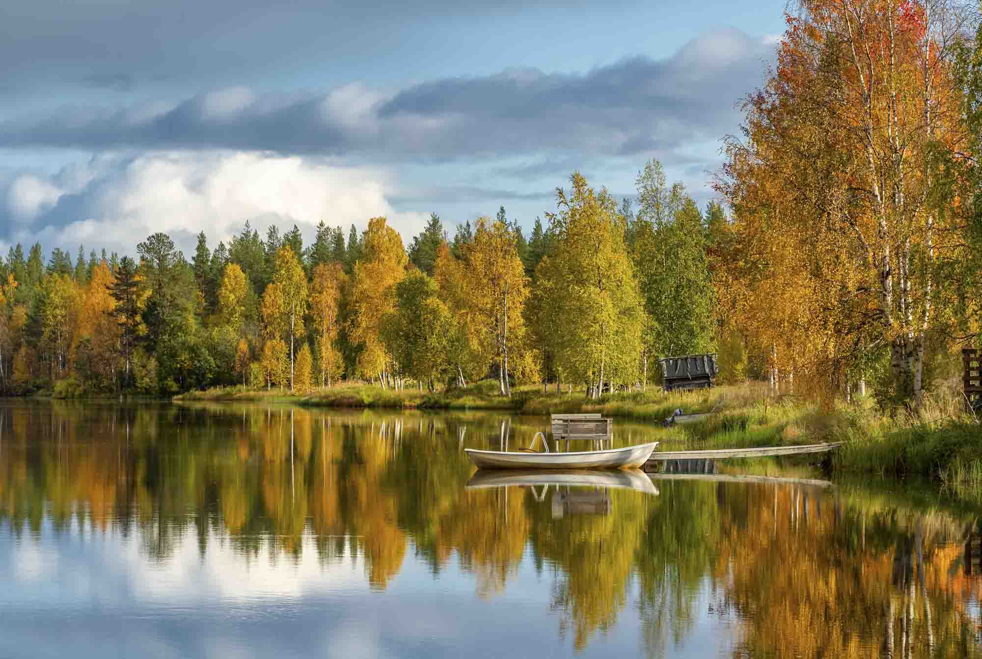 Finnischer See mit Boot und herbstlichem Birkenwald