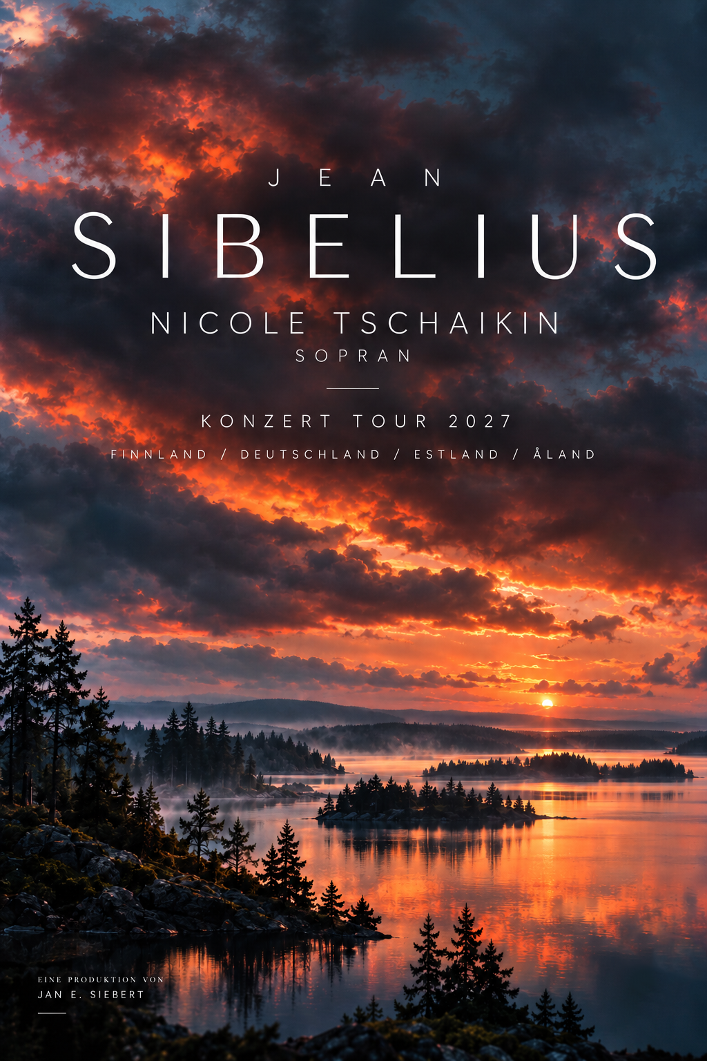 Plakatmotiv Jean Sibelius, Nicole Tschaikin, Sopran, Konzerttour 2027 mit Finnland, Deutschland, Estland und Åland vor einer Seenlandschaft im Sonnenuntergang